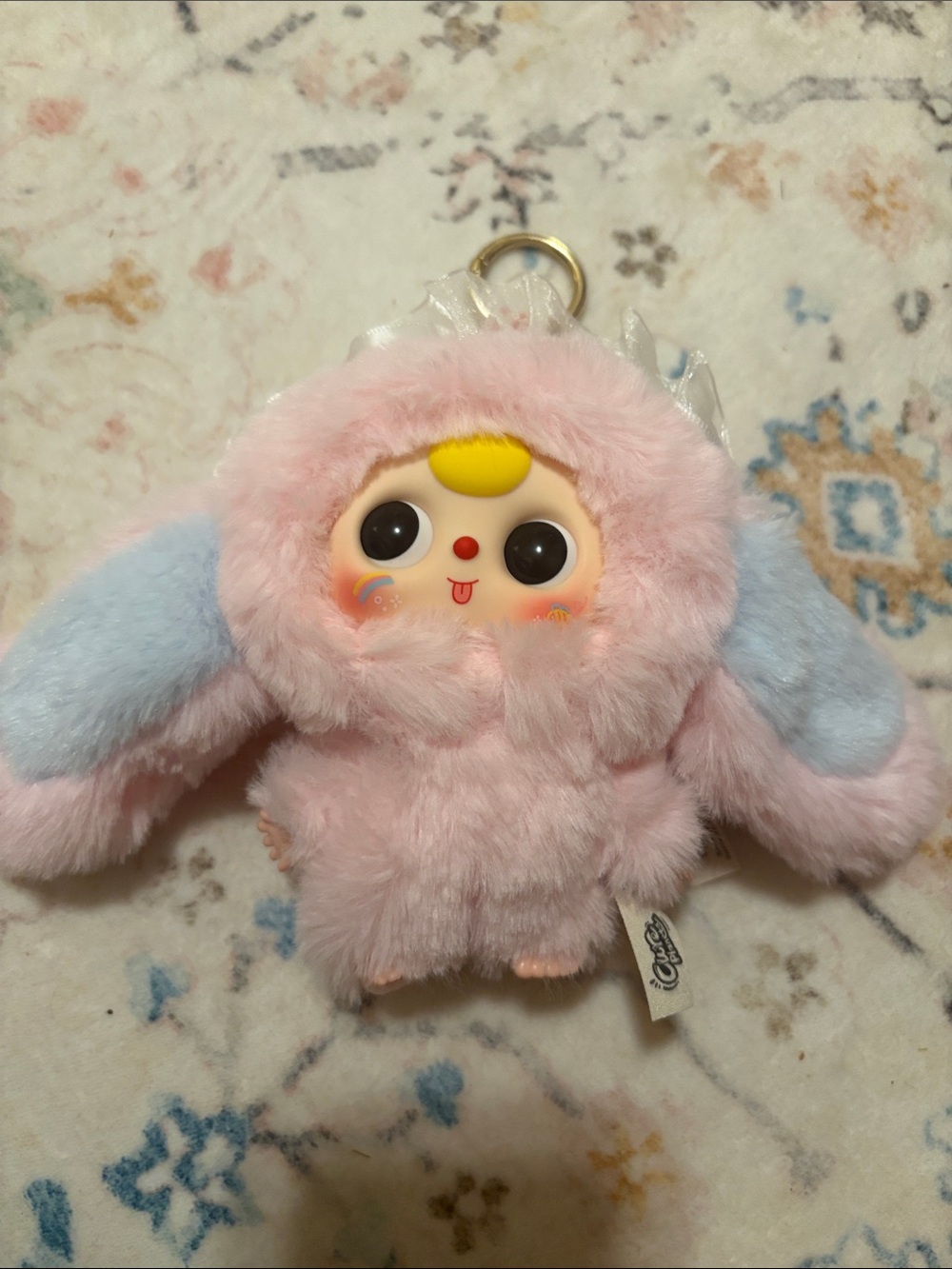 Baby Three. Pink Plush Bunny Keychain Doll with Blue Ears NEW!